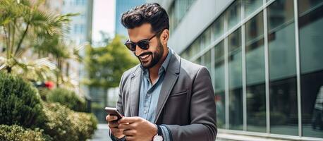 Indian man using mobile phone outside residential building reading messages with smartphone photo