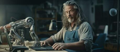 Portrait of elderly man in workshop making arm prosthetics and using laptop empty area photo