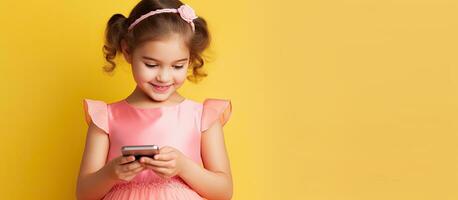 A Caucasian girl in a pink dress on a yellow background is using a mobile phone to type an SMS message photo