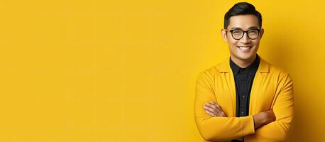 Asian man with crossed arms smiling and looking at camera against yellow background panorama with room for text photo