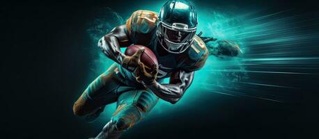 Neon colored banner featuring an active American football player Ideal for betting ads photo
