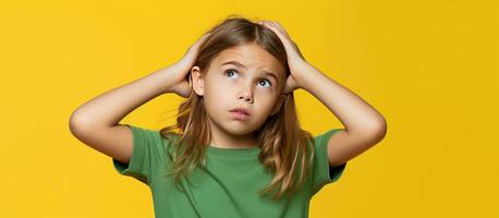 Thoughtful Caucasian girl wearing green T shirt over yellow background looking puzzled and irritated with open hand indicating empty space and pointing to photo