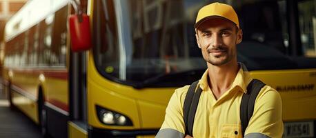 Content bus driver posing happily with folded arms in front of their vehicle while making eye contact with the camera Space for text photo