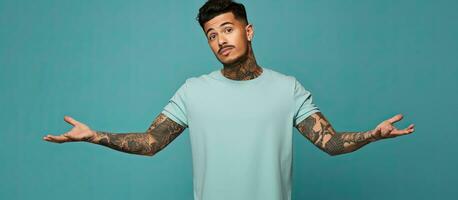 Pensive Hispanic man with tattoos in blue background with open palm and pointing finger to forehead showing confusion and frustration Consider it photo