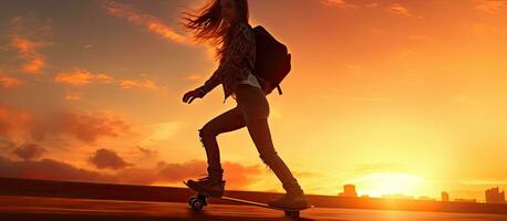 Caucasian teenage girl on skateboard at sunset with backlight creates copy space photo