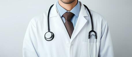 Doctor wearing white coat and glasses looking into camera on isolated white background space for text health photo