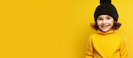 Happy girl with ponytails wearing beanie hat standing isolated over yellow background presenting copy space for promotion photo