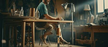 Craftsman creating leg prosthetics in workshop with copy space photo