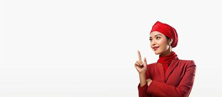 A young woman in a kebaya and headband looks to the side pointing to an idea on a blank space photo