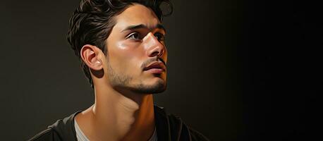 Close up portrait of young man in a studio gazing at empty space photo