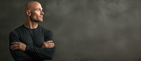 Man posing in studio chin resting on hand arms crossed gazing away at blank space to the side photo