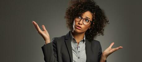 Pondering African woman in business attire with curly hair perplexed and frustrated gesturing with open palm and pointing to forehead photo