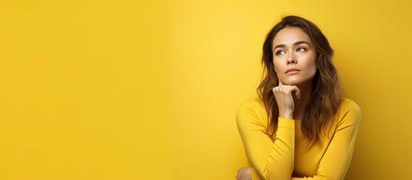 Sad and pensive young Caucasian woman on a yellow background gazing at empty area photo
