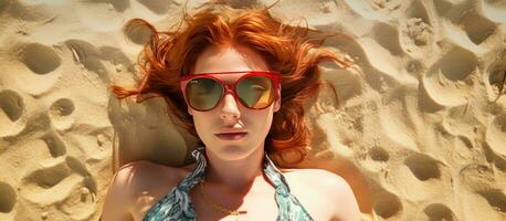 Beautiful redhead woman in bikini lying on sandy beach shading eyes with hands photo