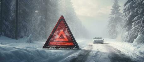 Red triangle on snowy forest road Broken down car with spare tire Horizontal web banner photo