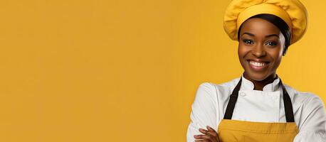 Joyful African American female cook in uniform and hat happily glancing at oven mitt on hand posing with delight in yellow studio backdrop photo