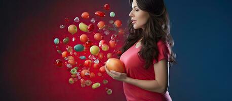 Pregnant woman deciding between apple and pills with colorful background concept of prenatal vitamin intake photo