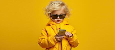 Blond child in yellow jacket taking selfie with mobile phone on yellow background photo