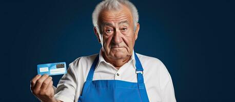 Elderly man in apron points to blank space holding credit card concept of cashless money photo