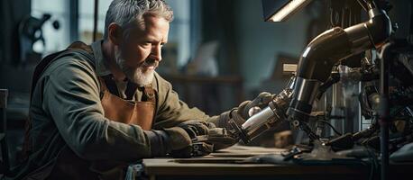 Senior man assembling arm prosthetics and wiring in workshop copy space photo