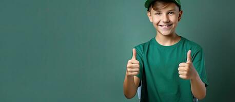 Teenage boy smiling wearing t shirt jeans protective helmet pointing index fingers up Copy space available photo