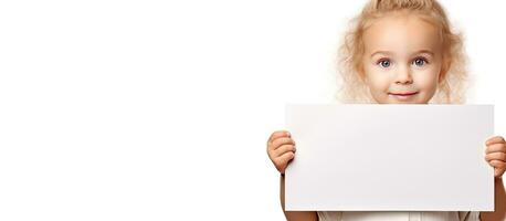 Blonde girl holding empty white banner on white background photo