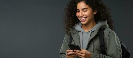 sonriente joven Hispano mujer con mochila utilizando móvil teléfono aislado en gris antecedentes con Copiar espacio foto