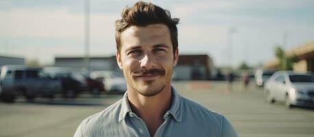 A confident happy caucasian man with a mustache wearing a shirt standing outdoors in a parking lot looking at the camera with copy space photo