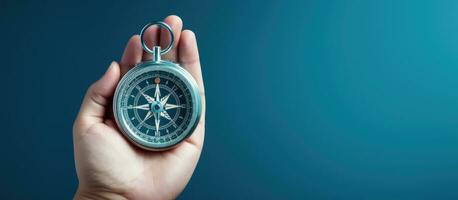 Composite image of a hand holding a compass on a blue background depicting strategic orientation in business or marketing photo