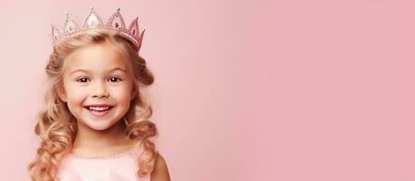 sonriente niña en princesa vestir posando con cumpleaños bandera en estudio foto