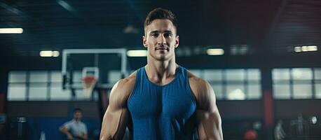 Portrait of content white male basketball player in blue athletic attire at gym Recreation exercise and way of life unchanged empty area photo