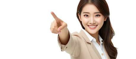 Asian woman smiling and pointing up to blank space inviting customers to buy the product for advertising purposes with a white background photo
