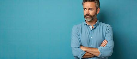 Middle aged man with serious expression standing against blue studio wall looking sad holding back emotions contemplating a problem with empty space photo