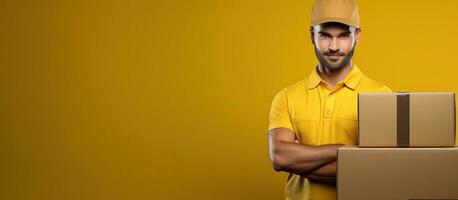 retrato de un uniforme joven hombre que lleva múltiple grande cajas con espacio para texto en un burlarse de arriba foto