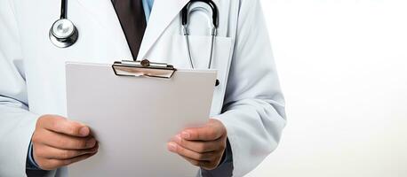 Male physician with lab coat stethoscope and documents in hand displaying positive medical outcomes on a white backdrop Room for text health related photo