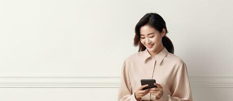 Happy Asian millennial woman on phone chatting online in armchair by white wall photo