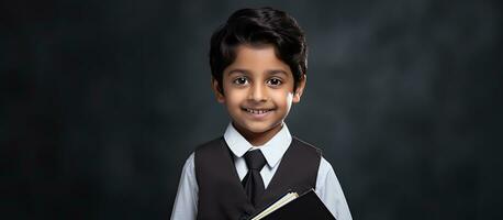 Happy Indian boy wearing school uniform in primary school with a black slate ideal for advertising products or services photo
