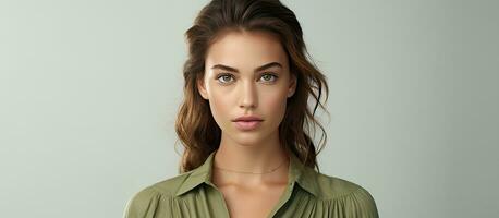 Expressive young woman with brown eyes and hair wearing a green blouse on a white backdrop with room for text photo