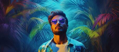 Hipster lifestyle portrait with palm leaves neon lights and copy space photo