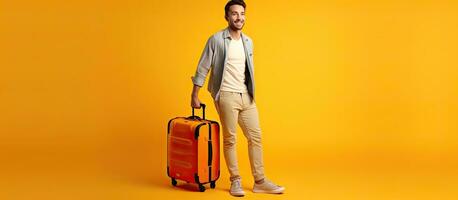 Cheerful fashionable Hindu tourist with yellow luggage walking towards copy space for a travel deal photo