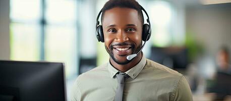 Smiling African American customer service agent with headset attending calls in office looking at camera photo