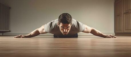 Man doing push ups with empty area photo