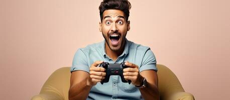 Excited Hispanic man playing video game on sofa gesturing with open palms and smiling showcasing ad photo