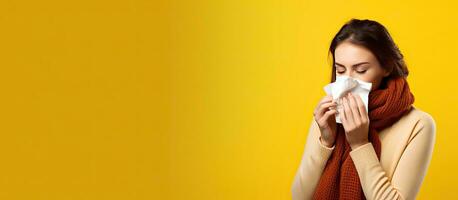 Ill woman with flu isolated on yellow background sneezing and blowing nose photo