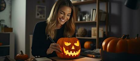 A Caucasian woman is happily creating a Halloween video tutorial at home using a black marker to draw a pumpkin with her digital camera nearby photo