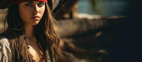 A young woman dressed as a pirate poses outdoors with a machete providing room for text photo