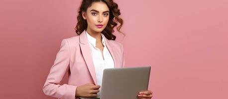 joven caucásico mujer de negocios participación ordenador portátil y señalando dedo a computadora en pie terminado rosado antecedentes vistiendo rosado formal chaqueta foto