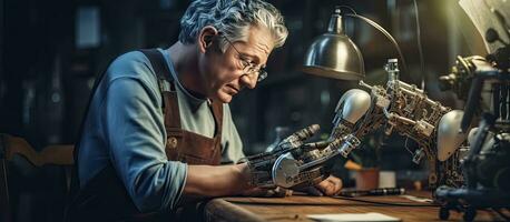 Senior craftsman inspecting hand prosthetics in workshop copy space portrait photo