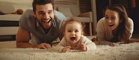 Two adults playing with their young baby girl who is lying on the carpet photo