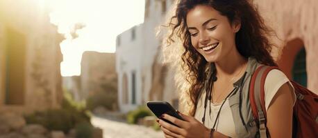 sonriente latín mujer viajero utilizando teléfono aplicación a controlar digital cámara al aire libre tecnología concepto foto